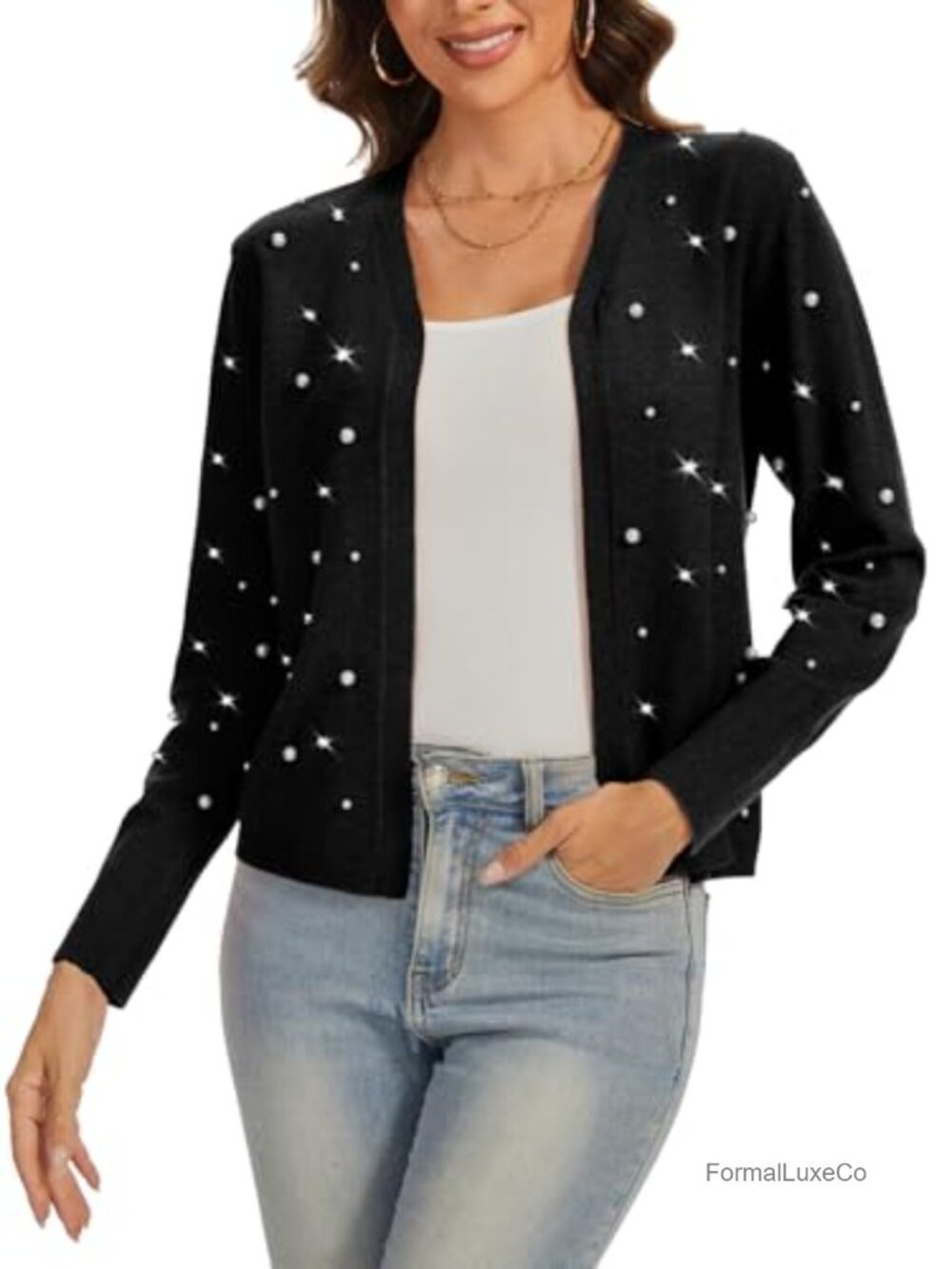 Womens Open Front Cardigan Long Sleeve Shrug Pearl Rhinestone Knit